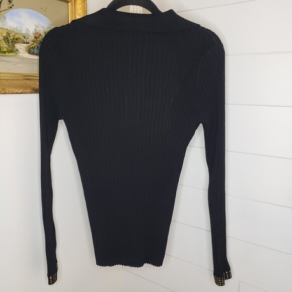 Cache Vintage Y2k Black Gold Studded Ribbed Knit V-Neck Long Sleeve M - Picture 4 of 6